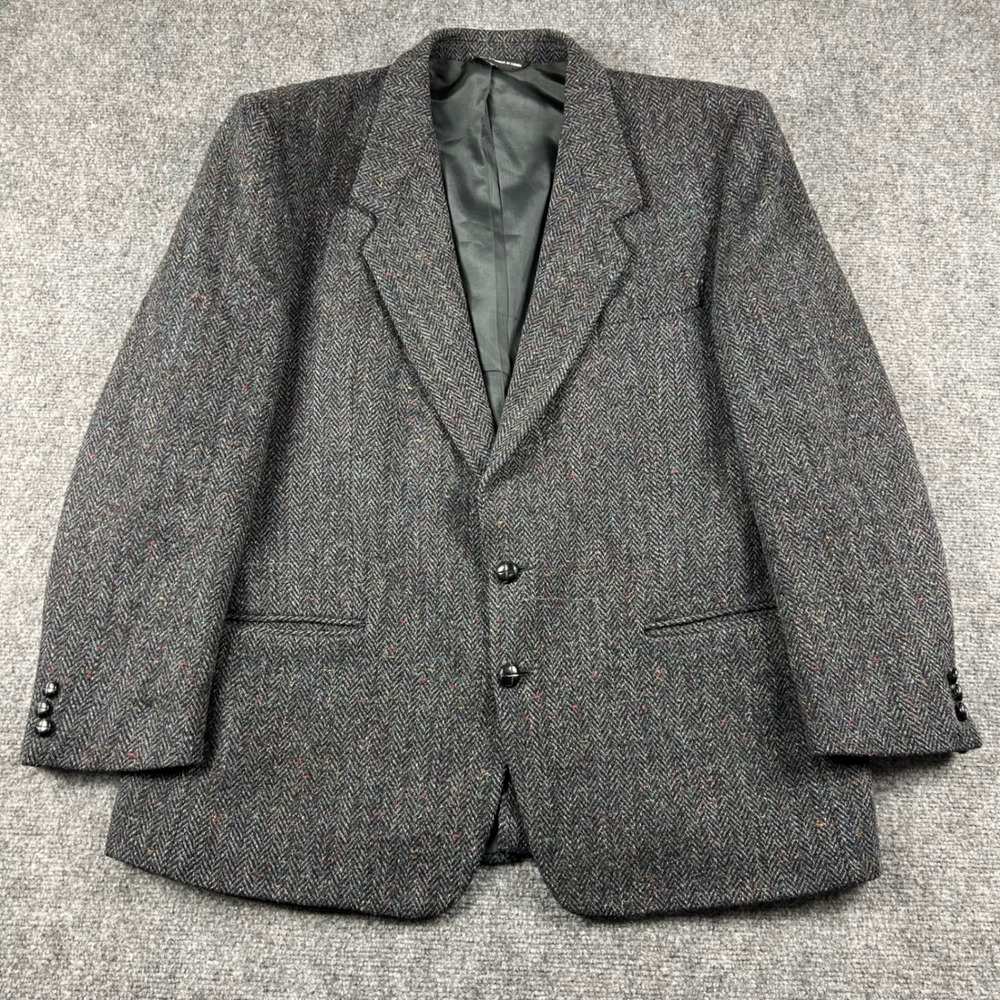 Harris Tweed Blazer Mens 46 Reg Grey Herringbone Wool Sport Speckled VTG